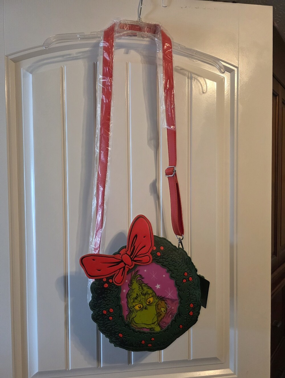 Loungefly Grinch Wreath Crossbody Bag with Red Bow